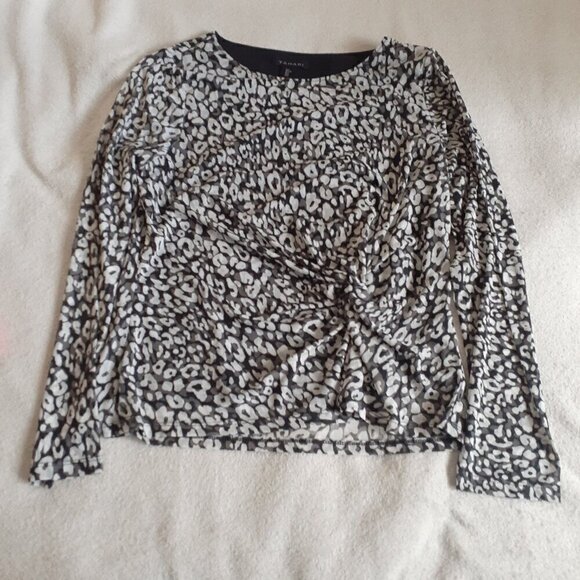 Tahari Women's Large Black, White & Gray Leopard Print Long Sleeve Mesh Blouse - Picture 4 of 12